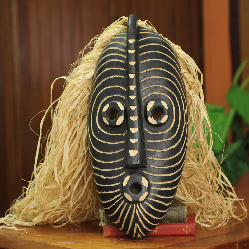 Bloomsbury Market Hand Carved African Mask With Raffia Wall Décor